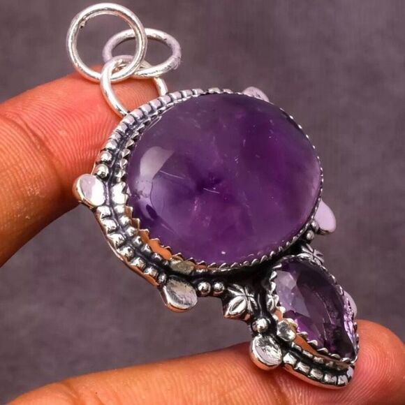 Large Artisan Crafted Amethyst Pendant Necklace Double Stone Sterling Silver New - Picture 4 of 11